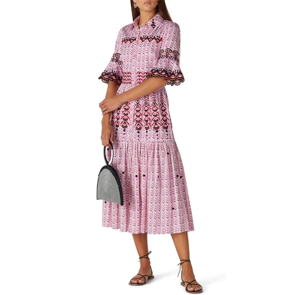 Temperley London Poet Tea Length Embroidered Dress Pink Eyelet Midi Small 4 - Picture 1 of 17